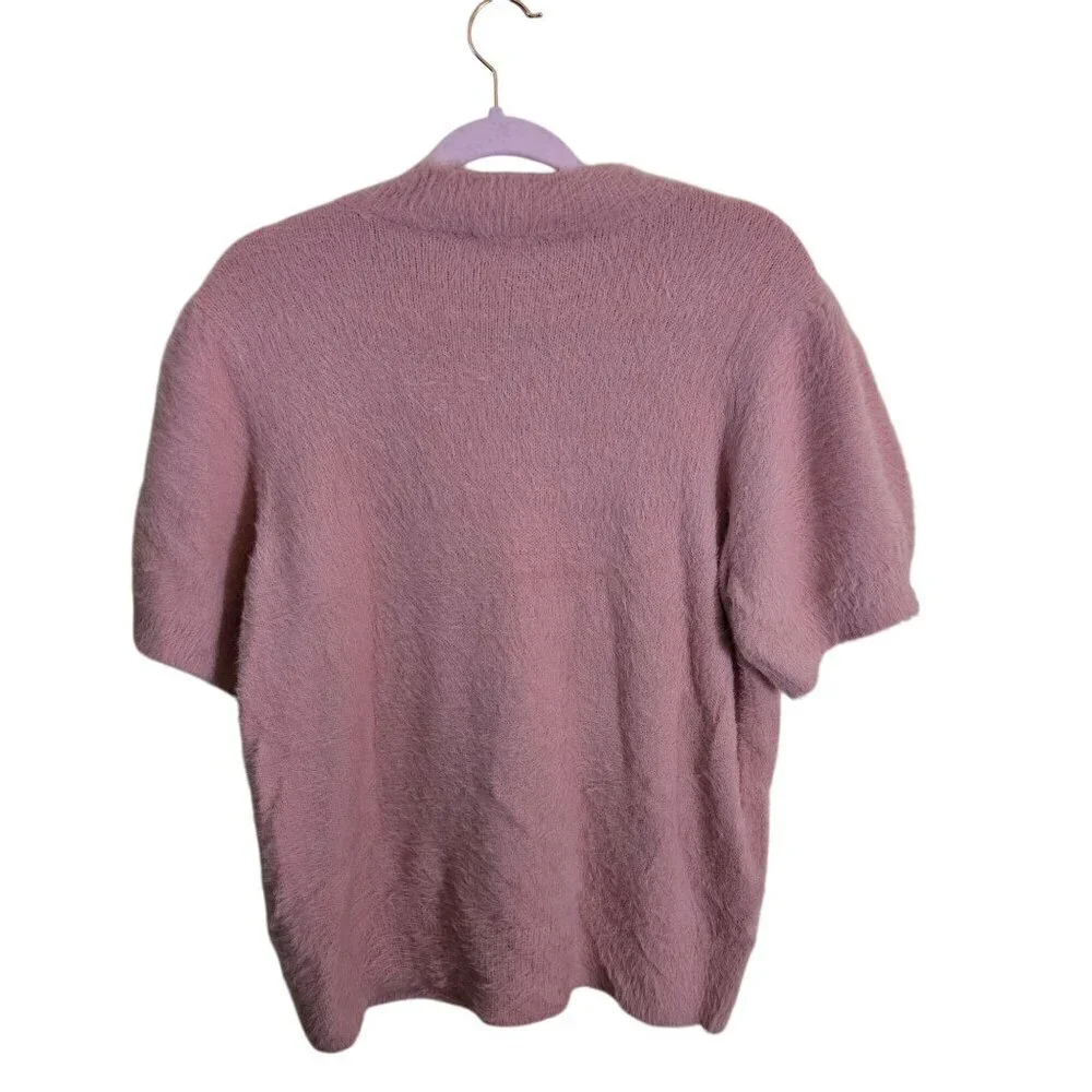 Cece Pink Eyelash Fuzzy Knit Puff Short Sleeve Round Neck Sweater Size L